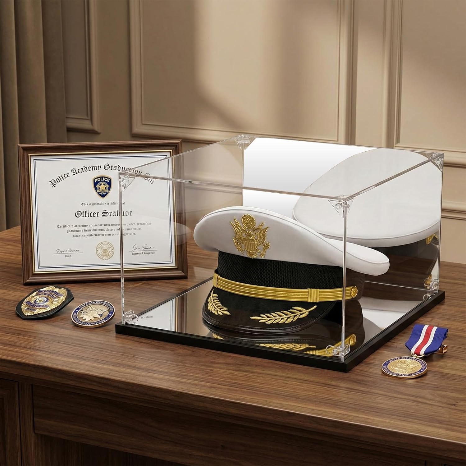 Police & Military Hat Acrylic Display Case with Mirrored Back & Base - Inner 13.8x11.8x6.8 Inch Dustproof Storage Box for Memorabilia, Sports Caps & Collectibles, Tool-Free Assembly