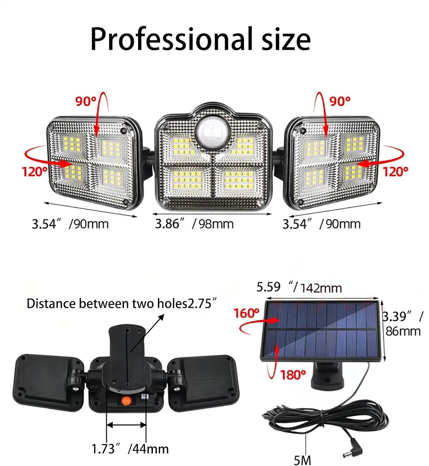 Solar Motion Sensor Light, IP65 Waterproof Outdoor Security Light, 3-Head Adjustable Rotatable Solar Lamp with Remote 3 Modes, Energy-Efficient for Garden/Garage (White, 1 Pack)