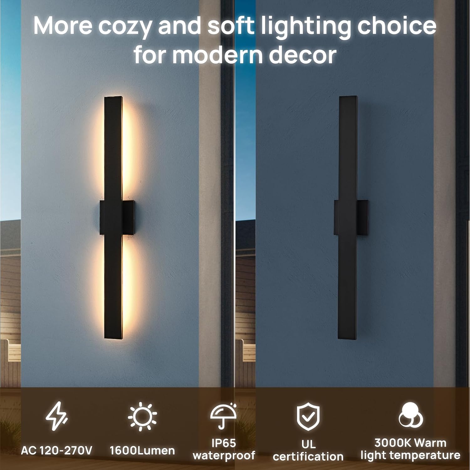 Black Long LED Porch Lights 34 in Modern Exterior Lighting Fixtures Waterproof Aluminum & Glass Outdoor Wall Lights 3000K Warm Light Outside Lights for House Garage Front Door Patio,2 Pack