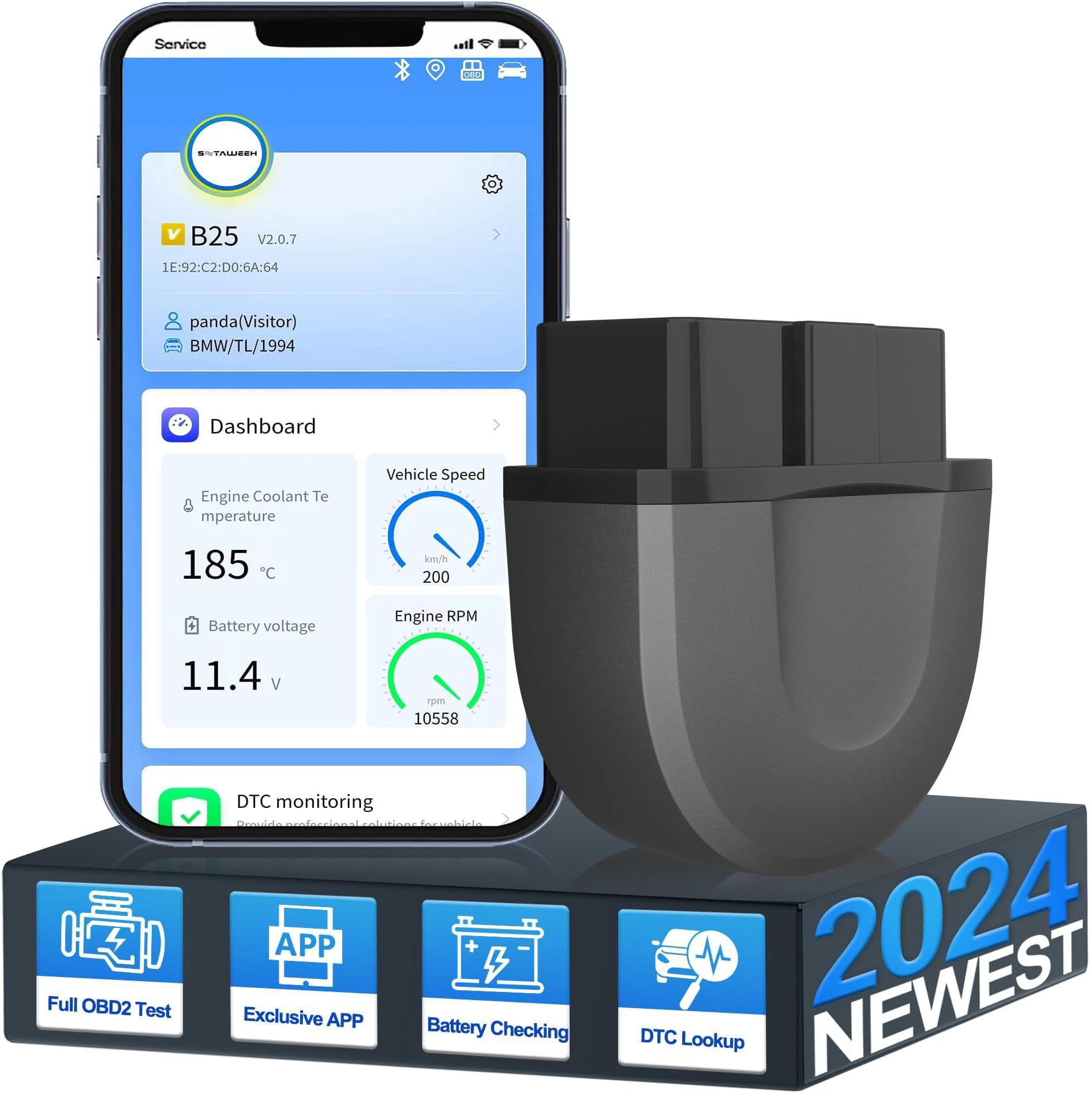 Excefore OBD2 Bluetooth Car Scanner Adapter, Wireless OBD II Diagnostic Scan Tools for iPhone & Android, Enhanced Vehicle Code Readers with All System Scan, Live Data, Freeze Frame, Performance Test