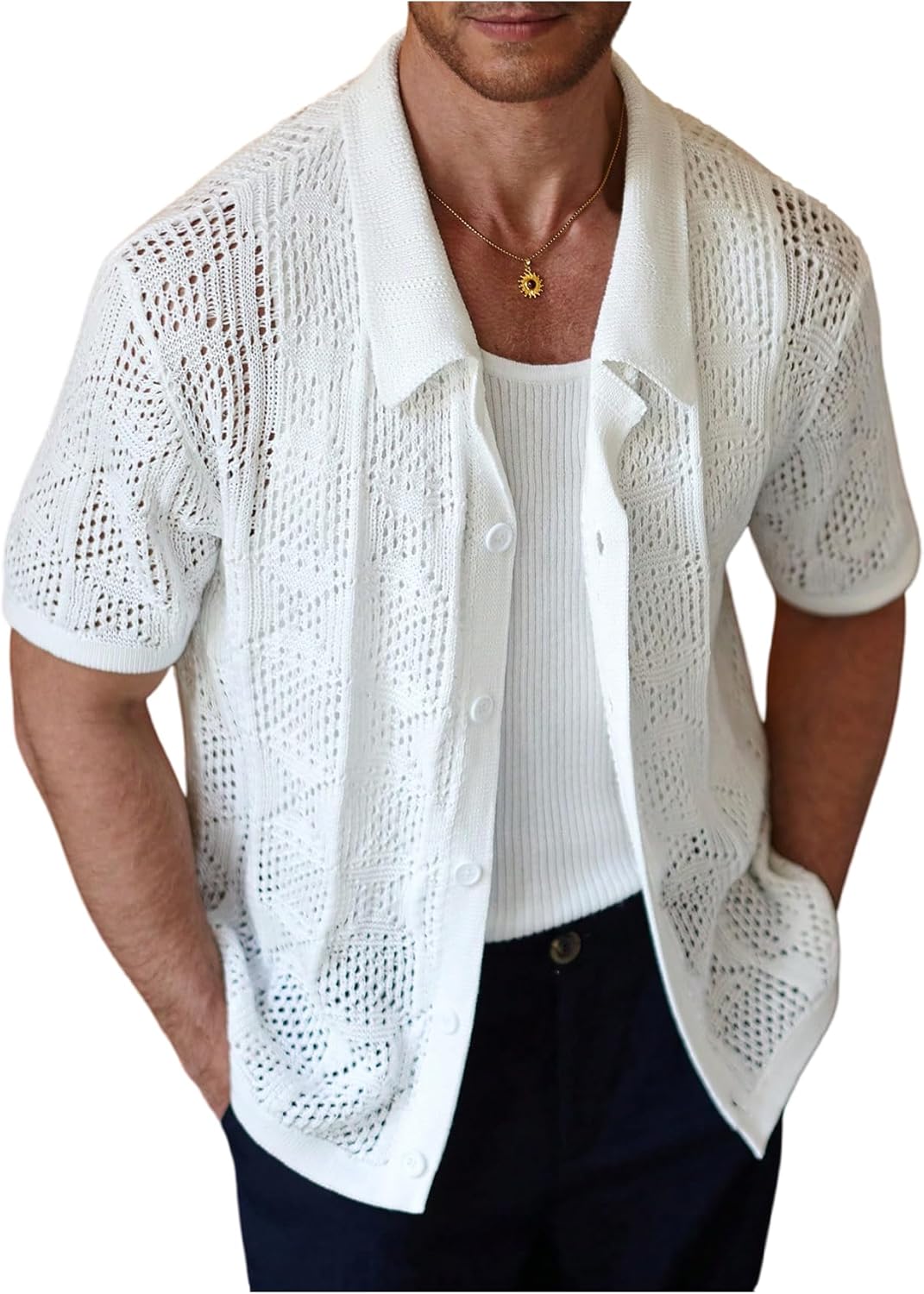 SHENHE Men's Crochet Button Down Shirt Short Sleeve Hollow Out Cuban Collar Beach Knit Top