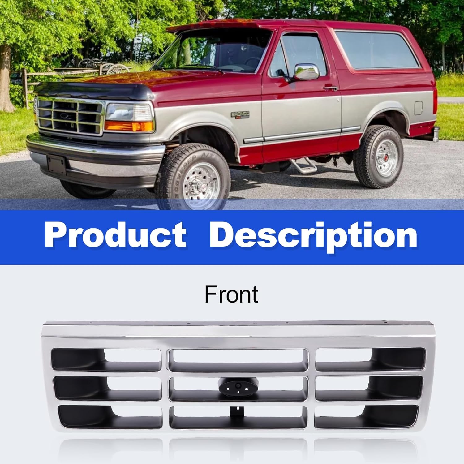 CarPartsDepot Front Grill Grille Chrome Shell With Gray Insert Compatible With Ford 1992-1997 Bronco F-150 F-250 F-350 & 1997 Lobo FO1200173 F4TZ8200A