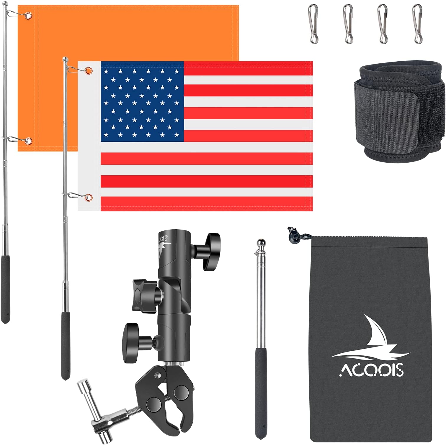 Boat American Flag, Orange Boat Flag Holder 47 Inch Water Ski Flag Adjustable Boat Flag Pole For 0.59-2 Inch Round And Pontoon Square Rails, Kayak Flag with Replacement Flag For Swimmers, Surfers