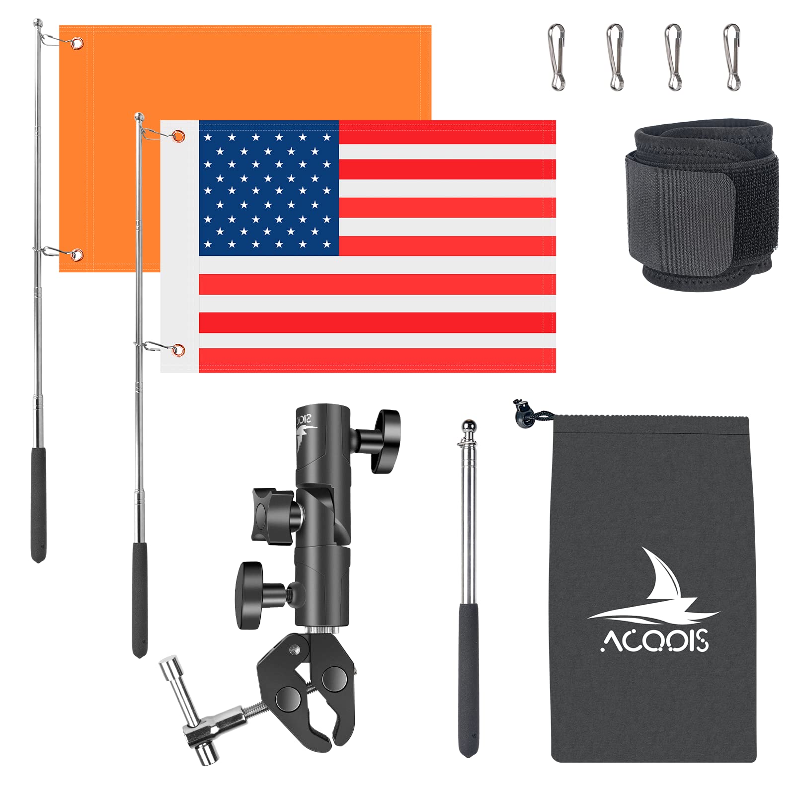Boat American Flag, Orange Boat Flag Holder 47 Inch Water Ski Flag Adjustable Boat Flag Pole For 0.59-2 Inch Round And Pontoon Square Rails, Kayak Flag with Replacement Flag For Swimmers, Surfers