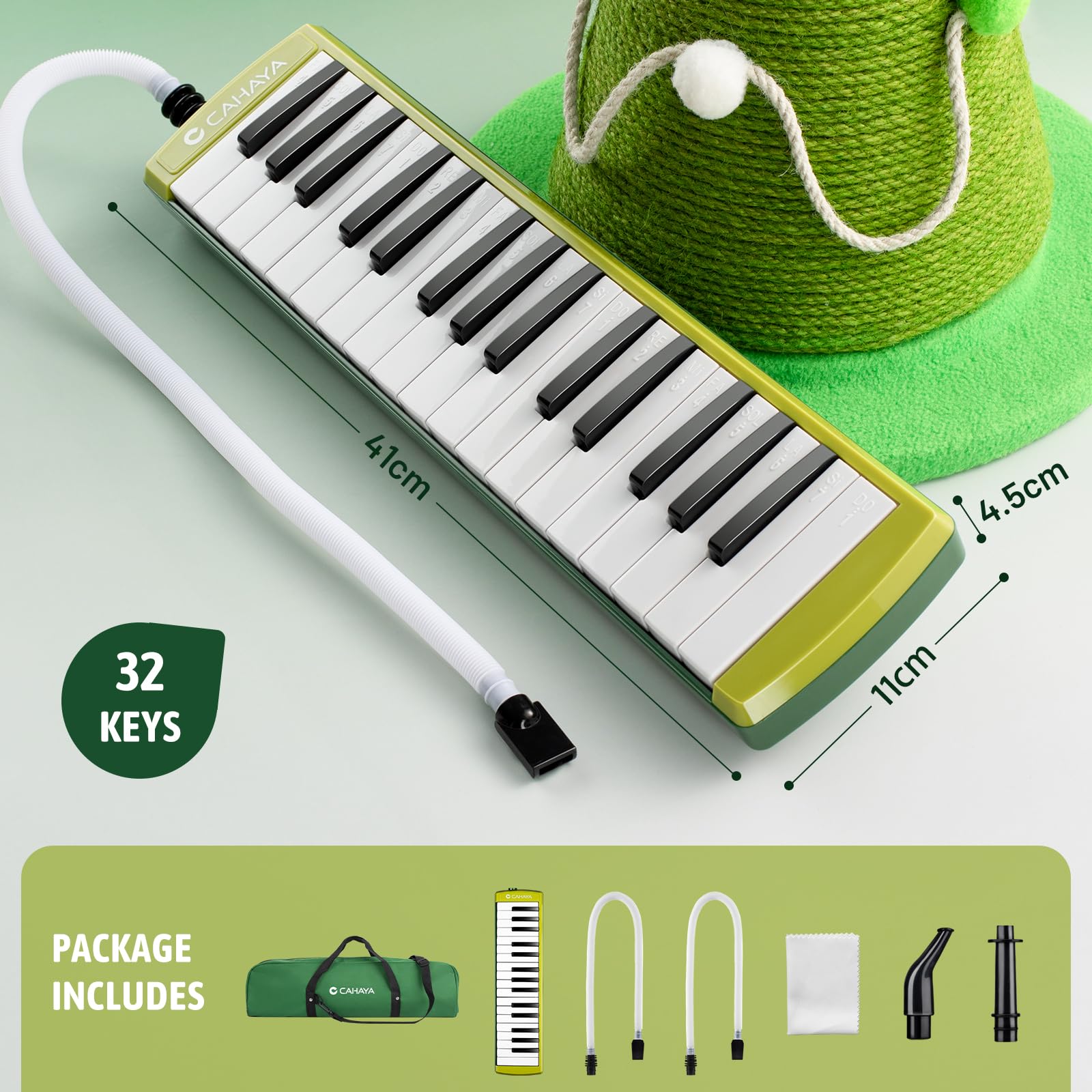 CAHAYA Melodica 32 toetsen voor kinderen, melodica-instrument met draagtas, geschikt voor beginnende studenten, muzikaal cadeau voor jongens en meisjes, groen CY0356