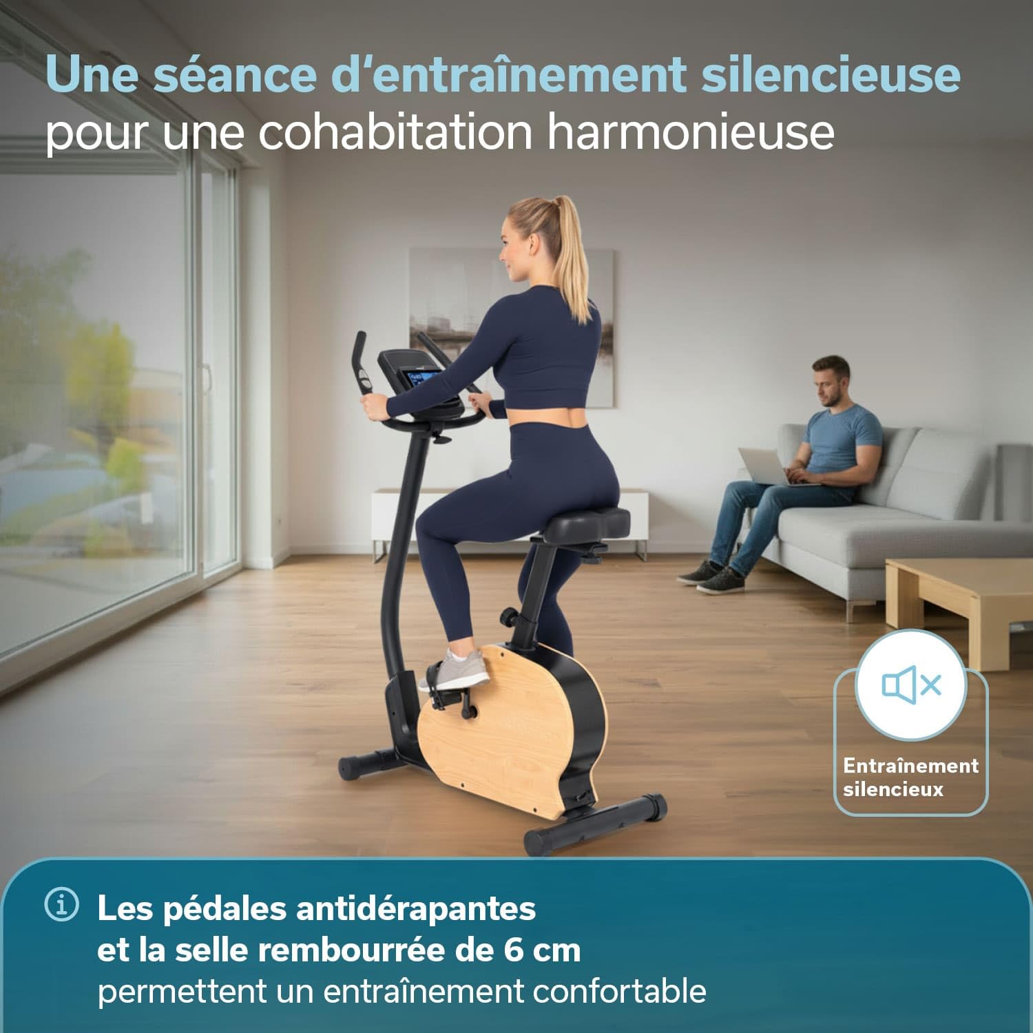 Skandika Vélo d'appartement Treliv P8 | Ergomètre en fer et bois, frein magnétique à 32 niveaux, écran LED, 22 programmes, selle et guidon réglables, compatible avec Kinomap, max 120 KG