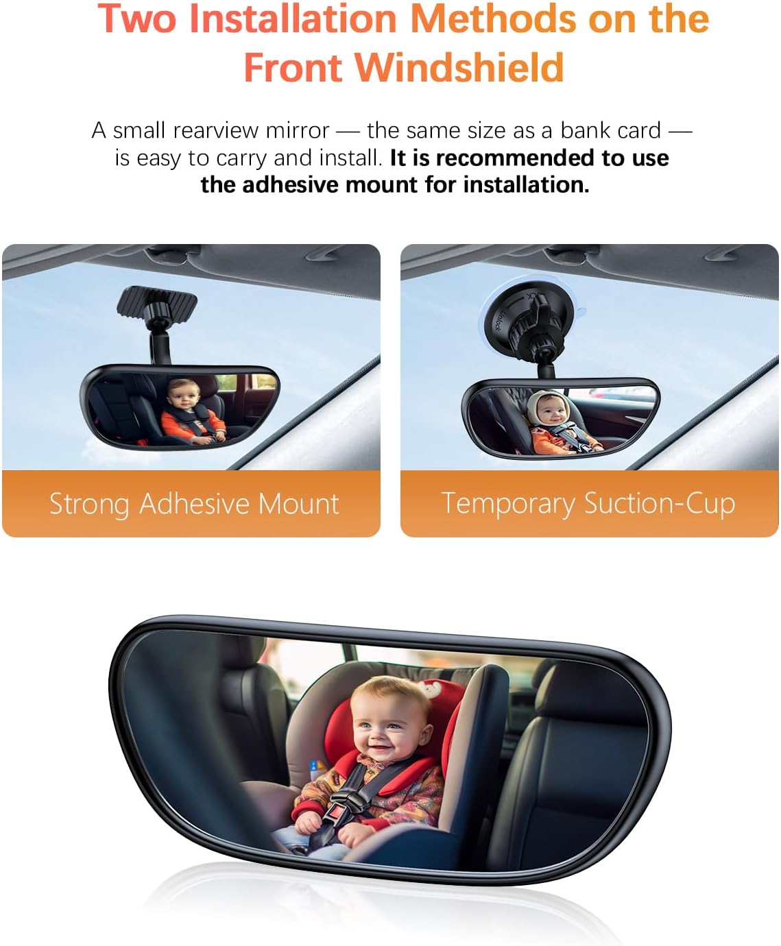 Baby Car Mirror on the Front Windshield, 360° Adjustable Wide Angle Convex Rearview for Rear Facing Infant Suction Cup & Adhesive Mount Safety Mirror for Car SUV Trucks