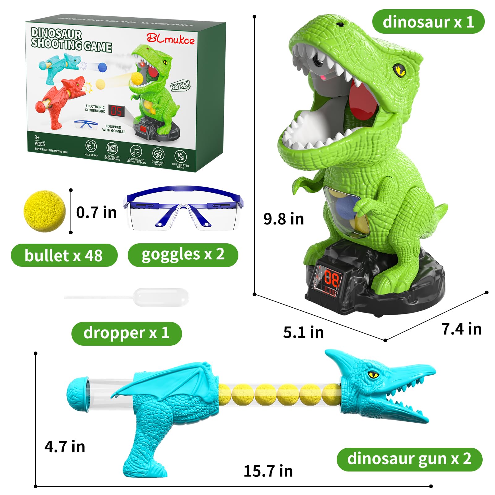 Bewegliches Dino-Zielscheibe Set, Schießspielzeug für Kinder, Dinosaurier Spielzeug, Outdoor Spiele Kinderspielzeug, Geschenk Junge 4 5 6 7 Jahren, 2 Popper-Pistolen, 48 Schaumbälle