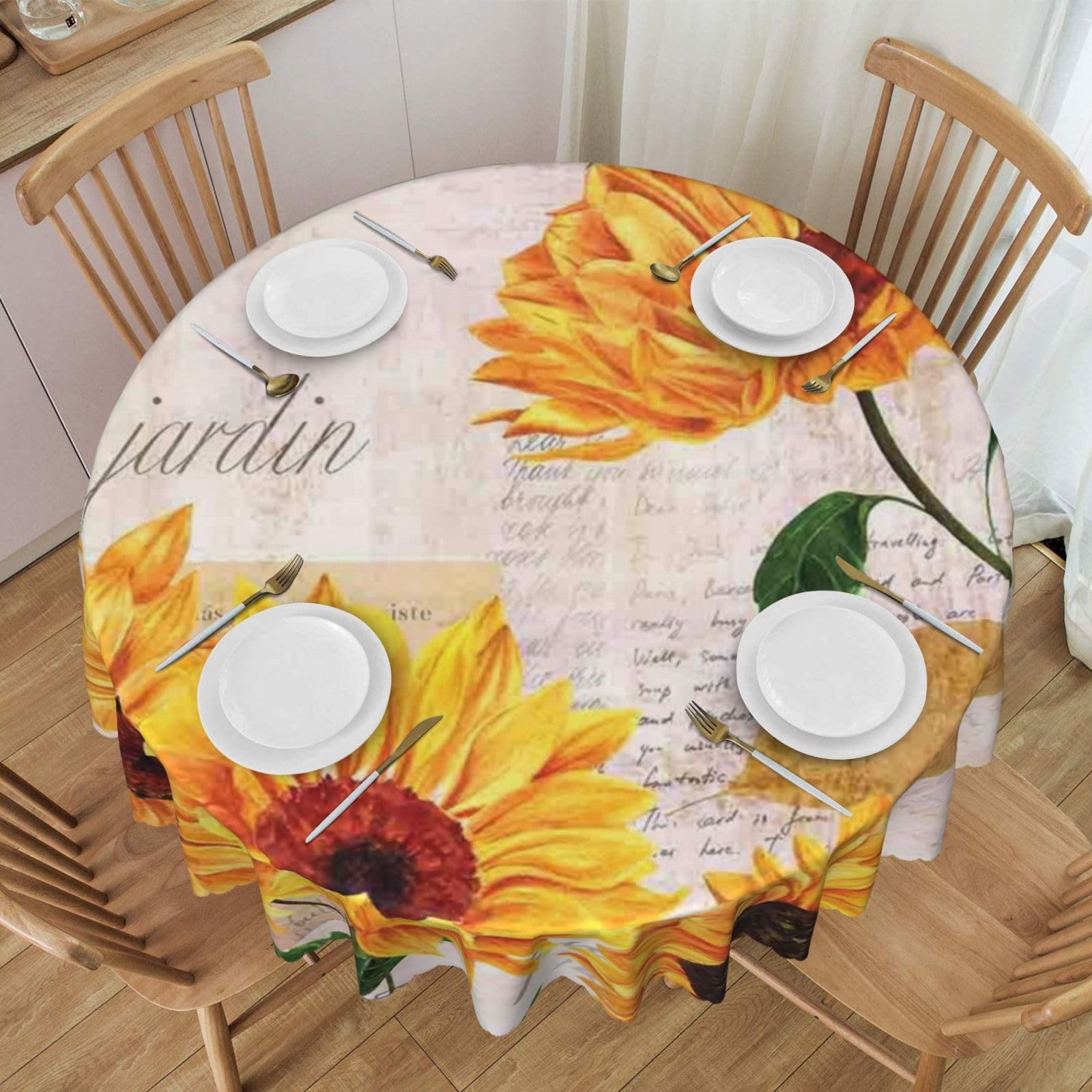 DCEHGEW 60 In Round Tablecloth with Lace, Sunflower Printed Oilproof & Washable Fabric Picnic Table Cloth Table Covers