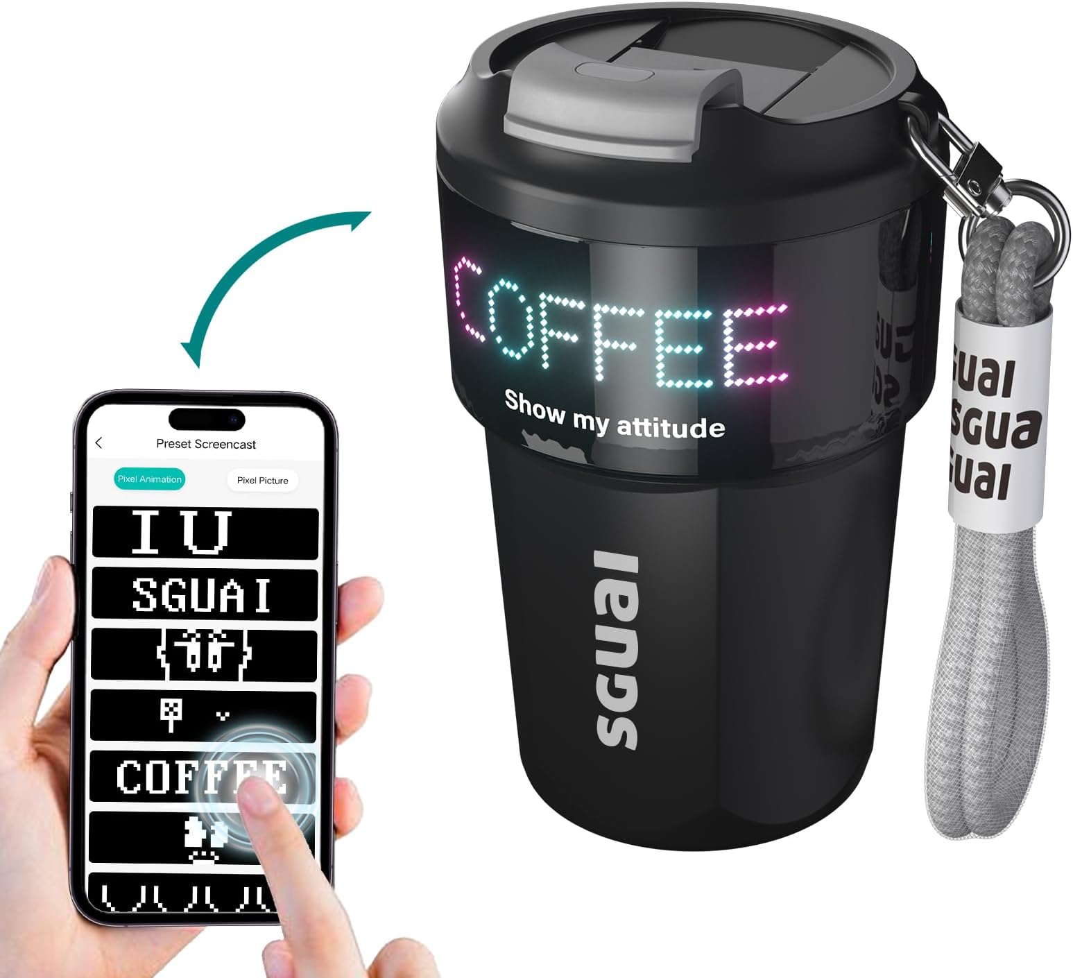 SGUAI Unique Smart Water Bottle - Smart Coffee Cup with LED Temperature & Pixel Display by APP Control, Smart Insulated Novelty Mug Water Flask for Unique Presents, 12oz (Black)