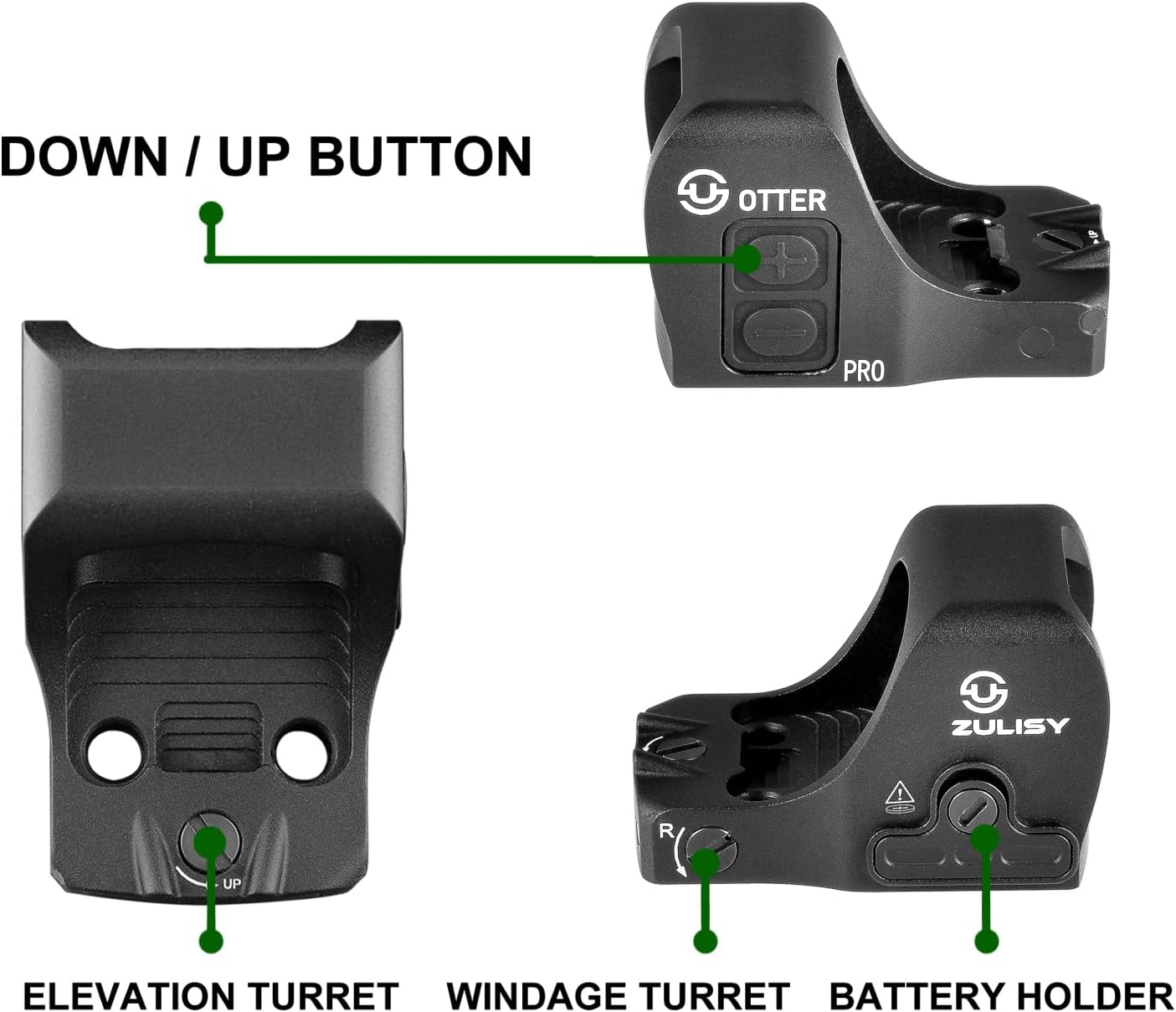 Zulisy OTTER PRO Multi-Reticle Green Dot Reflex Sight, 2 MOA Dot & 36 MOA Circle, (for RMSc 507k footprint Mount), Shake to Awake 1x21mm Micro EDC Optic, Fits RMS 407k Cut Compact Pistol, Side Battery