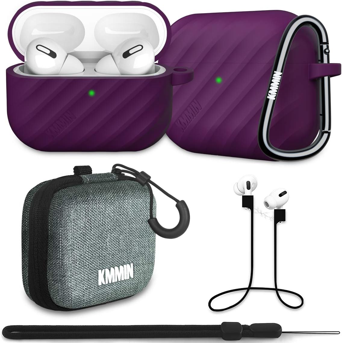 AirPods Pro Case, KMMIN Protective Silicone Case Cover for Apple Airpod Pro Charging Case Shockproof Scratch-Resistant Unique Twill Texture AirPods Pro Accessories with Hook Anti-Lost Grips Lanyard Storage Case