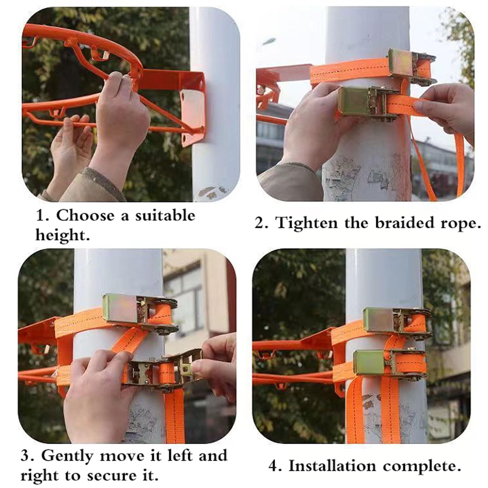 Aro de Baloncesto de Pared Exterior,Canasta Baloncesto Exterior Pared,Marcos De Red De Baloncesto Desmontable Portátil,con Correas Ajustables,para áRboles,Columna Redonda,Hierro