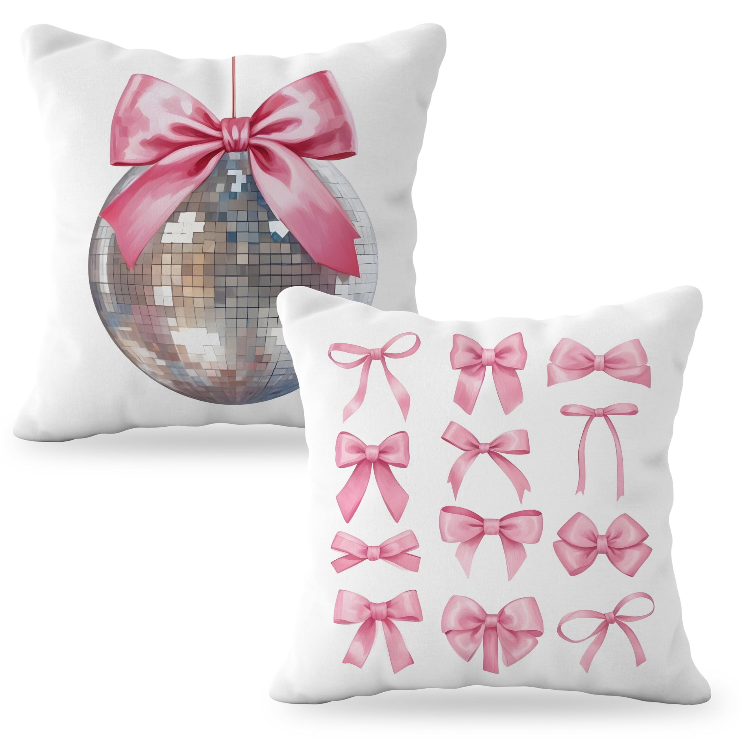 YeiHe Coquette Pink Bow Disco Ball Pillow Covers 18x18, Funky Preppy Trendy Set of 2, Girly Bedroom Decor