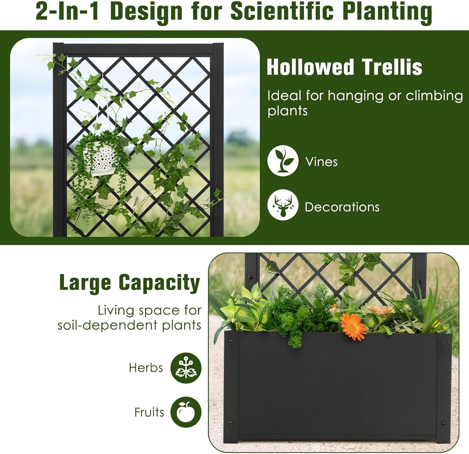 HAPPYGRILL 2 Raised Garden Bed with Trellis, 44” Metal Elevated Garden Box for Climbing Plants Vine, Outdoor Planter Box for Yard, Garden, Balcony