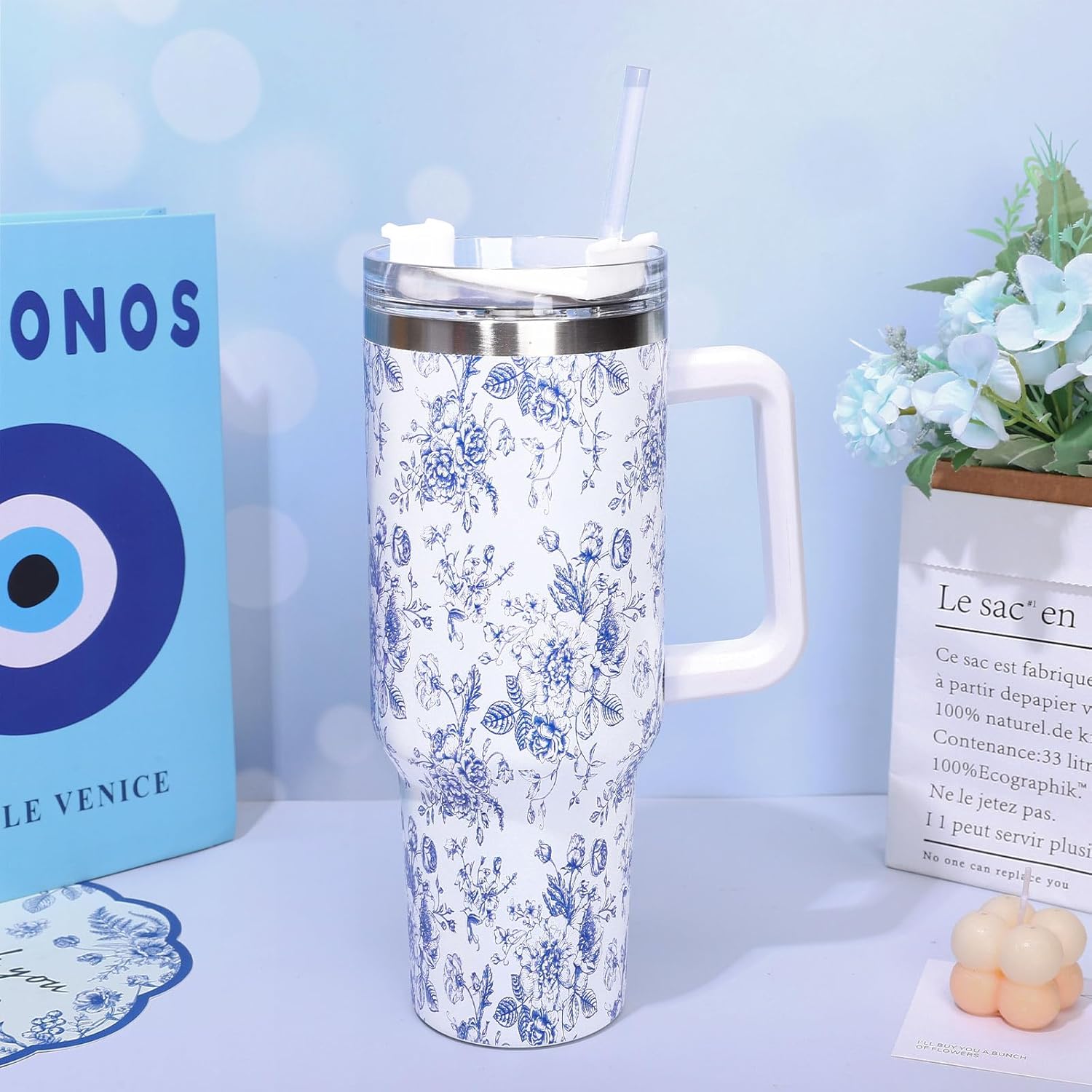 Whaline 40oz Blue Flower Tumbler with Handle Straw and Lid Spring Travel Tumbler Chinoiserie Floral Coffee Cup for Women Friend Holiday Birthday - Image 5