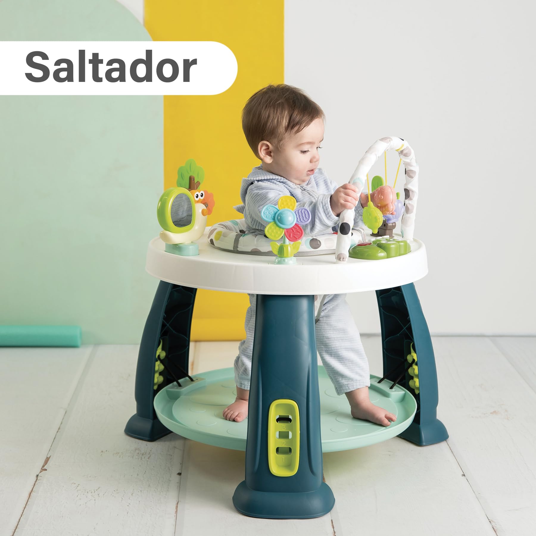 Olmitos - Centro de Actividades 2 en 1 para bebé con Saltador CROK - Mesa de Juegos y Juguetes Desmontables | Asiento Giratorio 360º y Plataforma Ajustable (Dots)