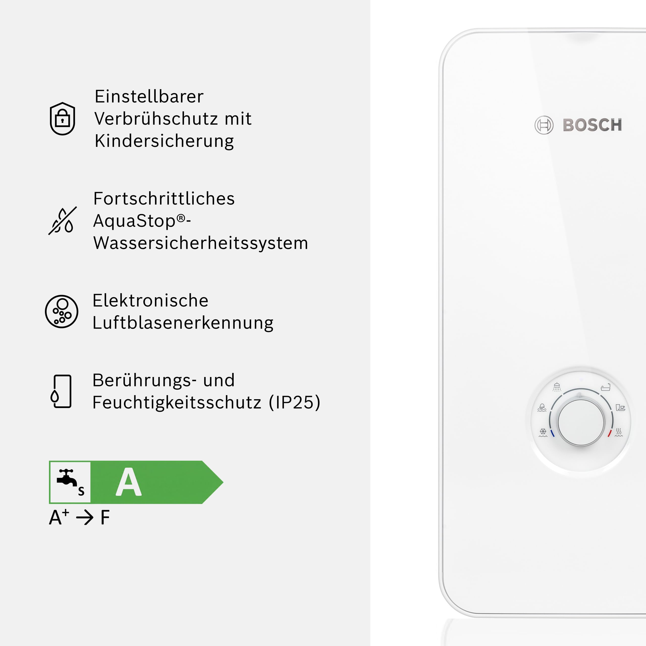 Bosch elektronisch geregelter Durchlauferhitzer Tronic Comfort AquaStop 21/24/27 kW - Umschaltbar, druckfest, stufenlose Temperaturwahl, moderne Glas-Optik, weiß [Energieklasse A]