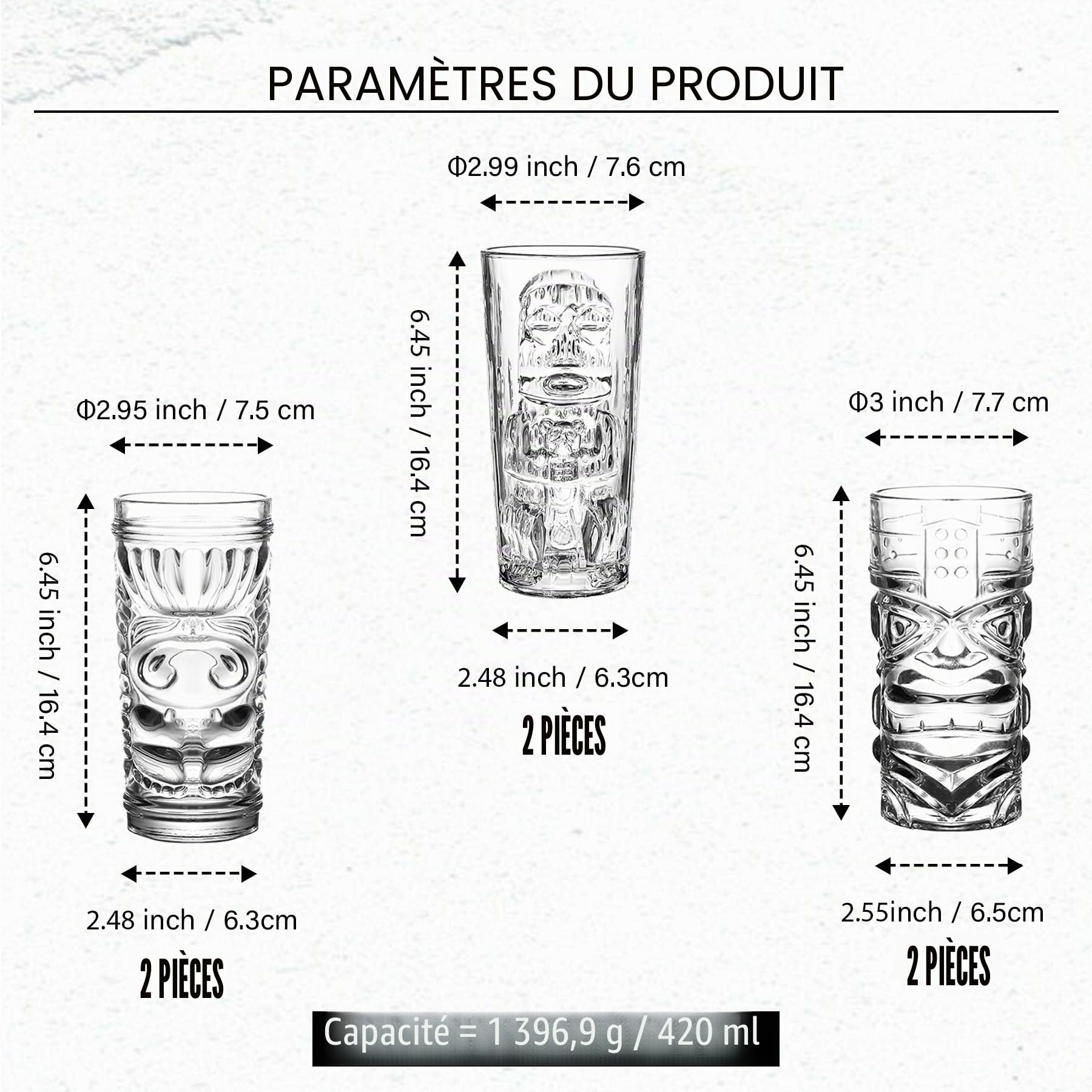Tiki Lot de 6 verres highball de 414 ml pour cocktails, verres tropicaux transparents modernes – Verres mixtes pour bar hawaïen, fête, thé glacé