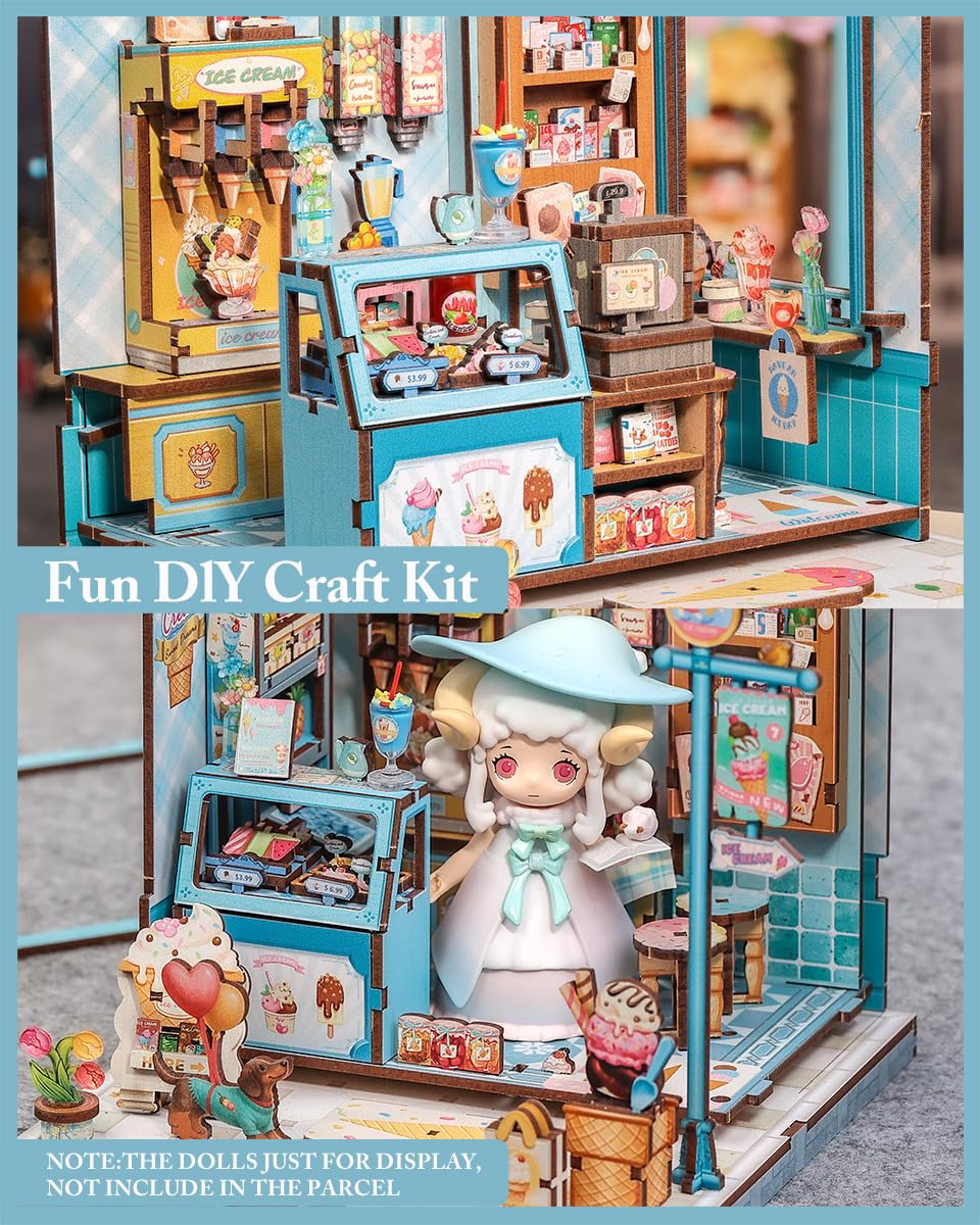 Cutefun Book Nook – mini domki i miniaturowe elementy puzzli z reliefami z trójwymiarowych elementów puzzli, jako prezent dla miłośników puzzli (Bella's Ice Cream)