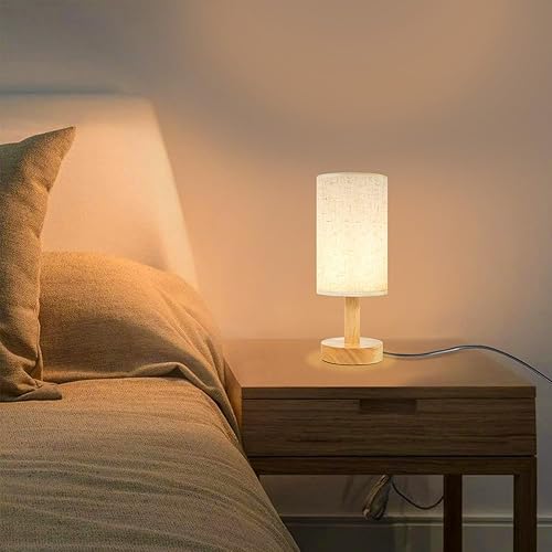 Miniatura 2 de Lámpara de mesita de noche pequeña para dormitorio, base de madera redonda natural y pantalla de lino de tela, acogedora luz de mesa nocturna para