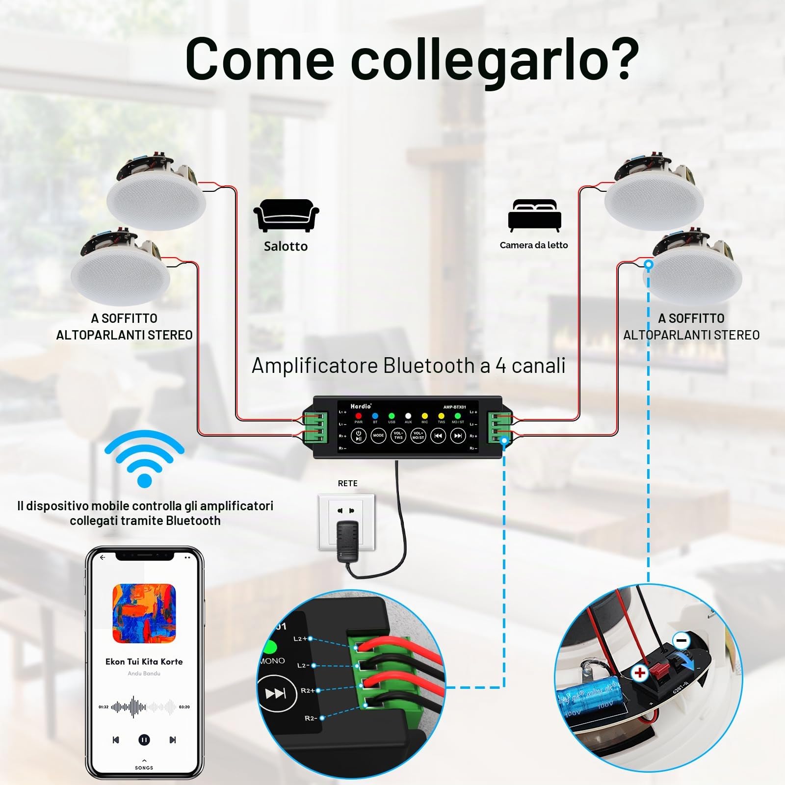 Herdio 6.5 pollici 4PCS 600W Altoparlanti da soffitto Sistema altoparlanti domestici da incasso
