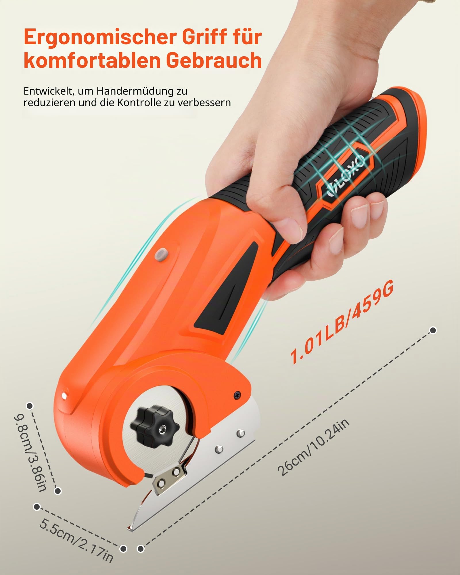 VLOXO Kartonschneider 4V Elektrische Schere Akku Universalschneider mit Leuchtung und 2 Edelstahlklingen Wiederaufladbarer Rotationsschneider Set mit Koffer für Pappe Teppich Leder Kunststoff