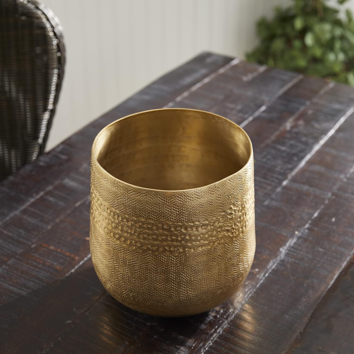 MY SWANKY HOME Elegant Classic Embossed Metal Gold Cachepot Planter Hammered Textured Round 8.25 in Indoor