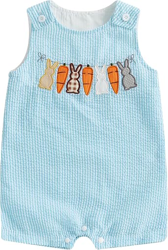 Aopwsrlyi Toddler Baby Boy Easter Outfit Cute Bunny Carrot Embroidery Jumpsuit Sleeveless Overalls Palysuit