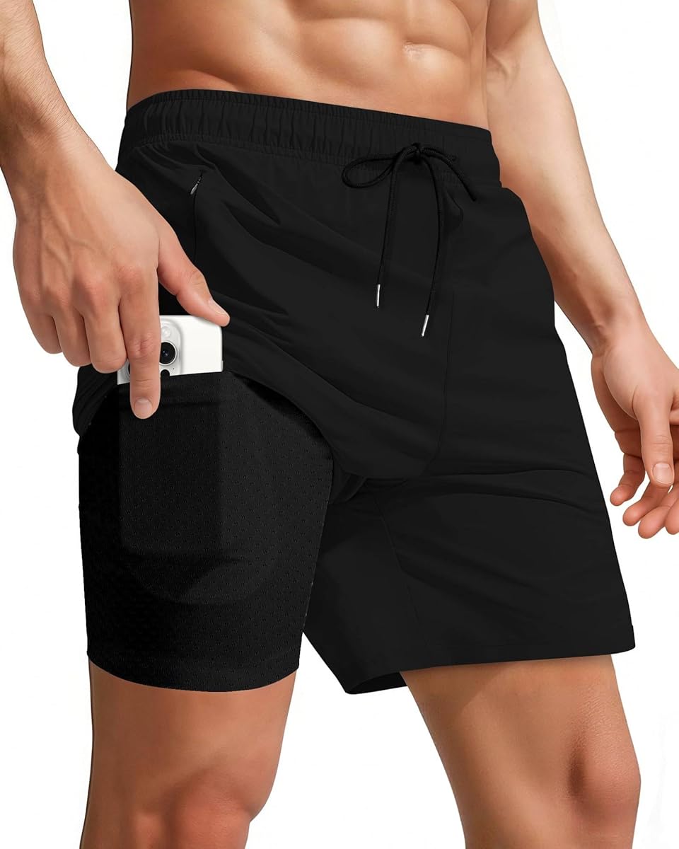 Men Swim Trunks with Compression 7 Inches Breathable Liner Quick Dry Zipper Pockets for Board Beach Gym Running