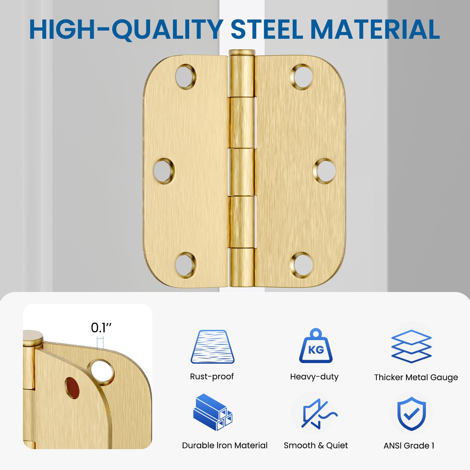 HOSOM Cerniere per porta in ottone spazzolato, 8,9 cm, con angoli arrotondati da 1,5 cm, cerniere per porte interne da 8,8 cm, per porta resistente, confezione da 18