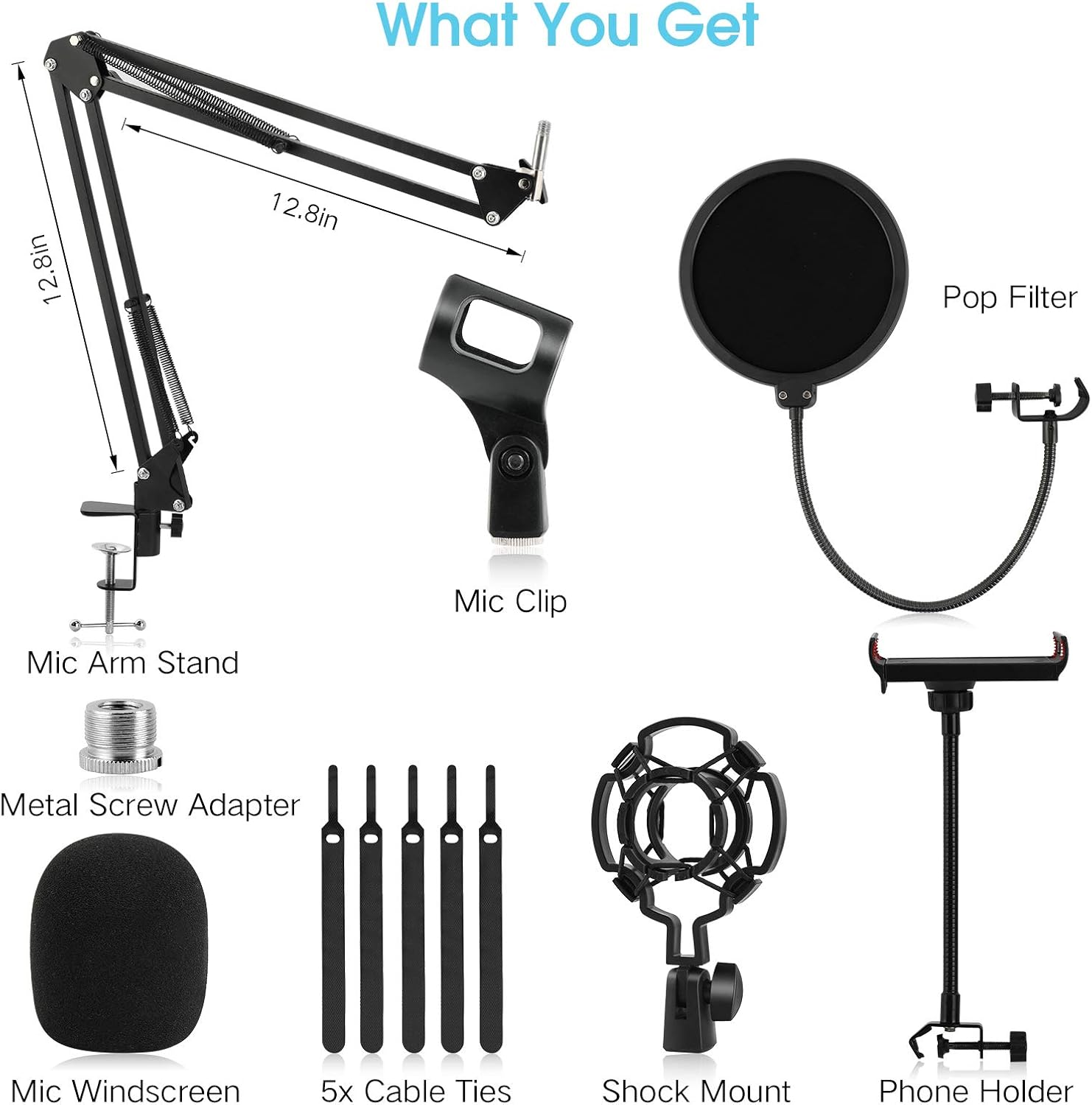 Amazon Crazy 🔥 Deals Microphone Stand, EPTISON Mic Boom Arm with Adjustable Suspension Scissor Arm Stand, Pop Filter, 3/8 to 5/8 Screw Adapter, Mic Clip, Phone Holder, for Blue Yeti, Blue Snowball Other Mics