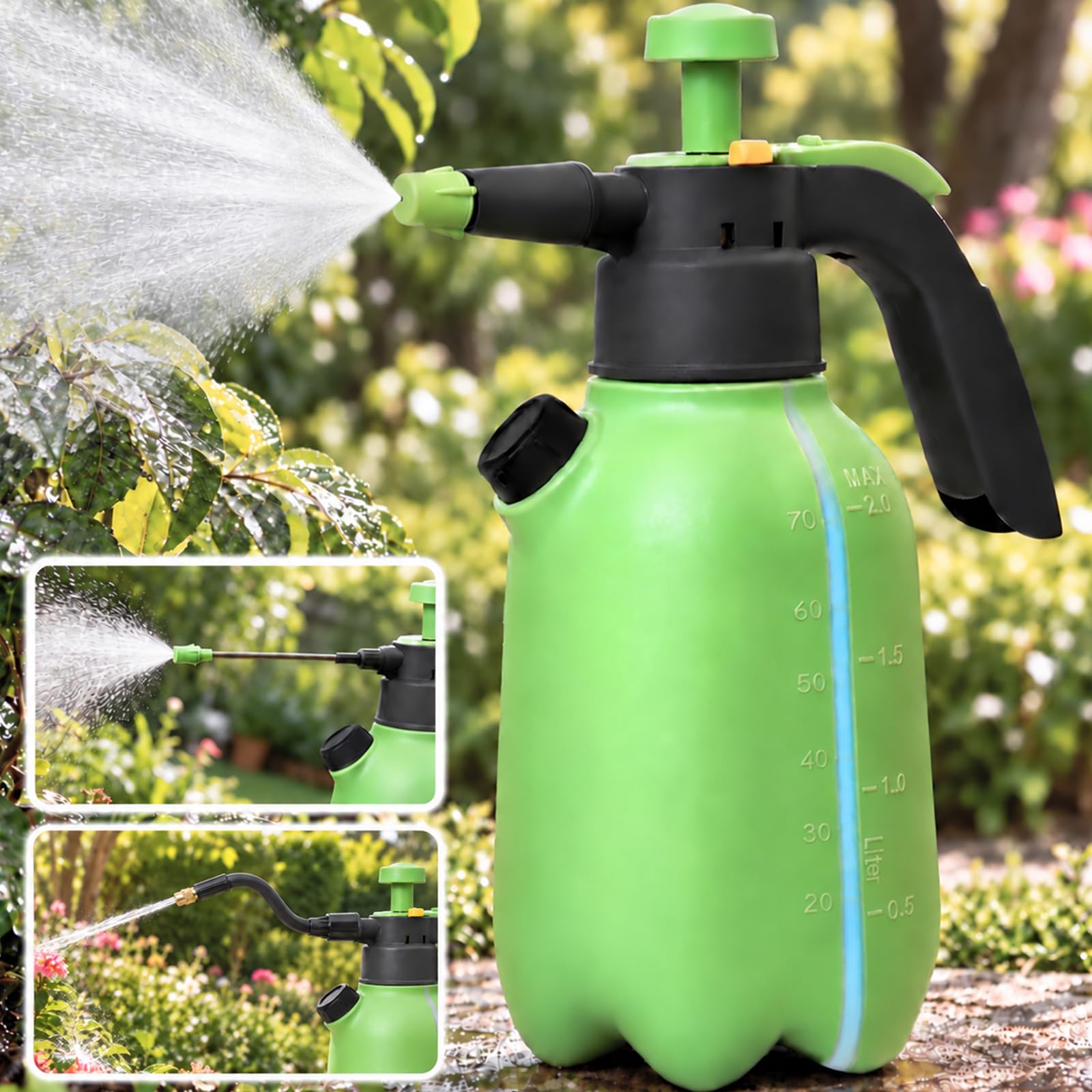 4-in-1 Sprühflasche mit Pumpe Pflanzen Drucksprüher 2l Pumpsprühflasche mit Überdruckventil Verstellbarer Düse Messbecher Wassersprühflasche Sprühflaschen Pflanzensprüher Schaumsprüher für Auto Garten Garten