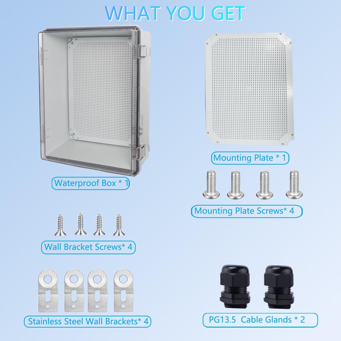 Waterproof Junction Box, ABS Plastic Electrical Box with Stainless Steel Latch, Hinged Cover Electric Project Enclosure Box with Mounting Plate, Wall Brackets,Clear 15.7"x11.8"x7.1