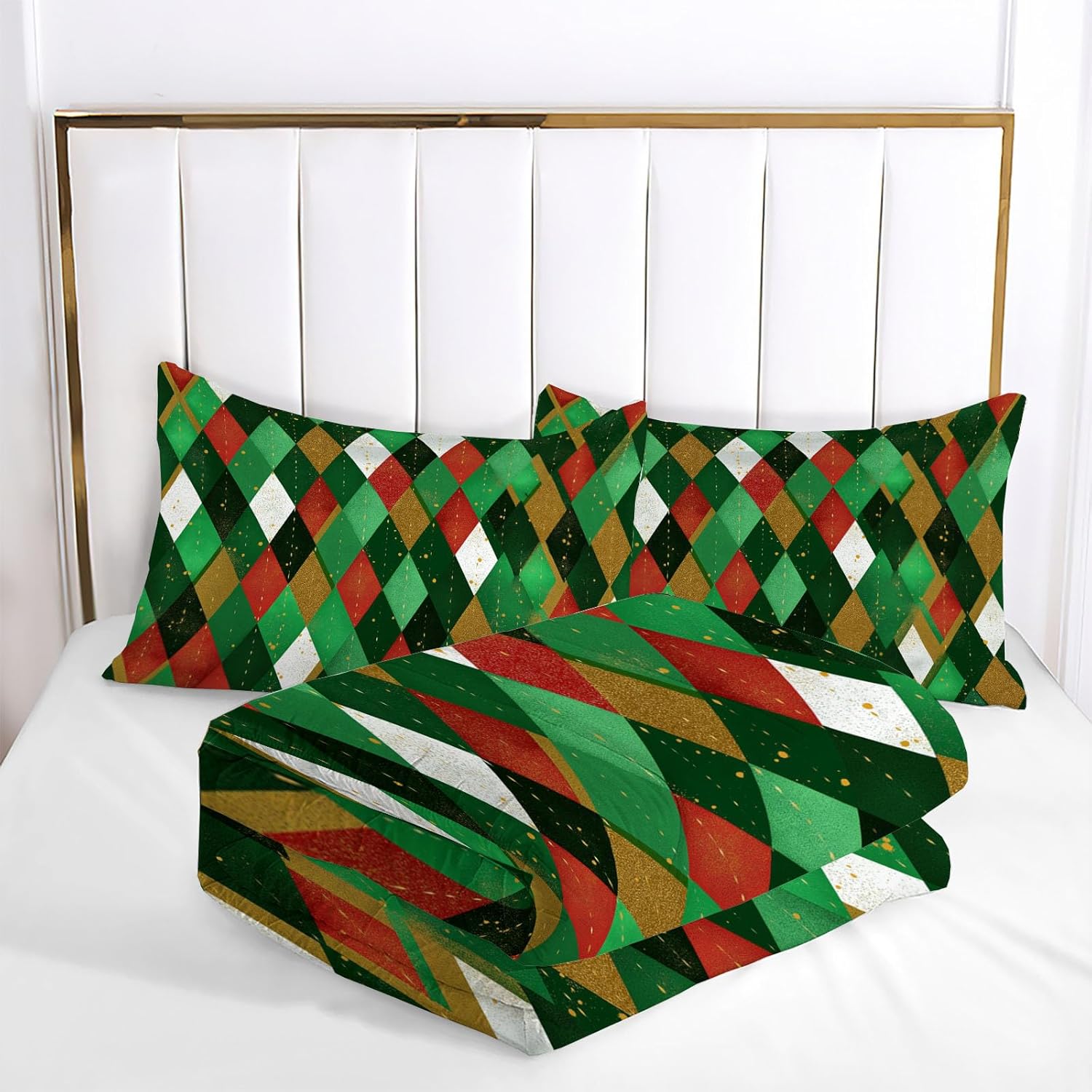 3D Diamond Grid Comforter Set Queen Size Bedding Set Christmas Theme All Season Down Comforter Printed Quilted with 2 Pillow Shams for Kids, Teens, Adults 90 x 90in Green