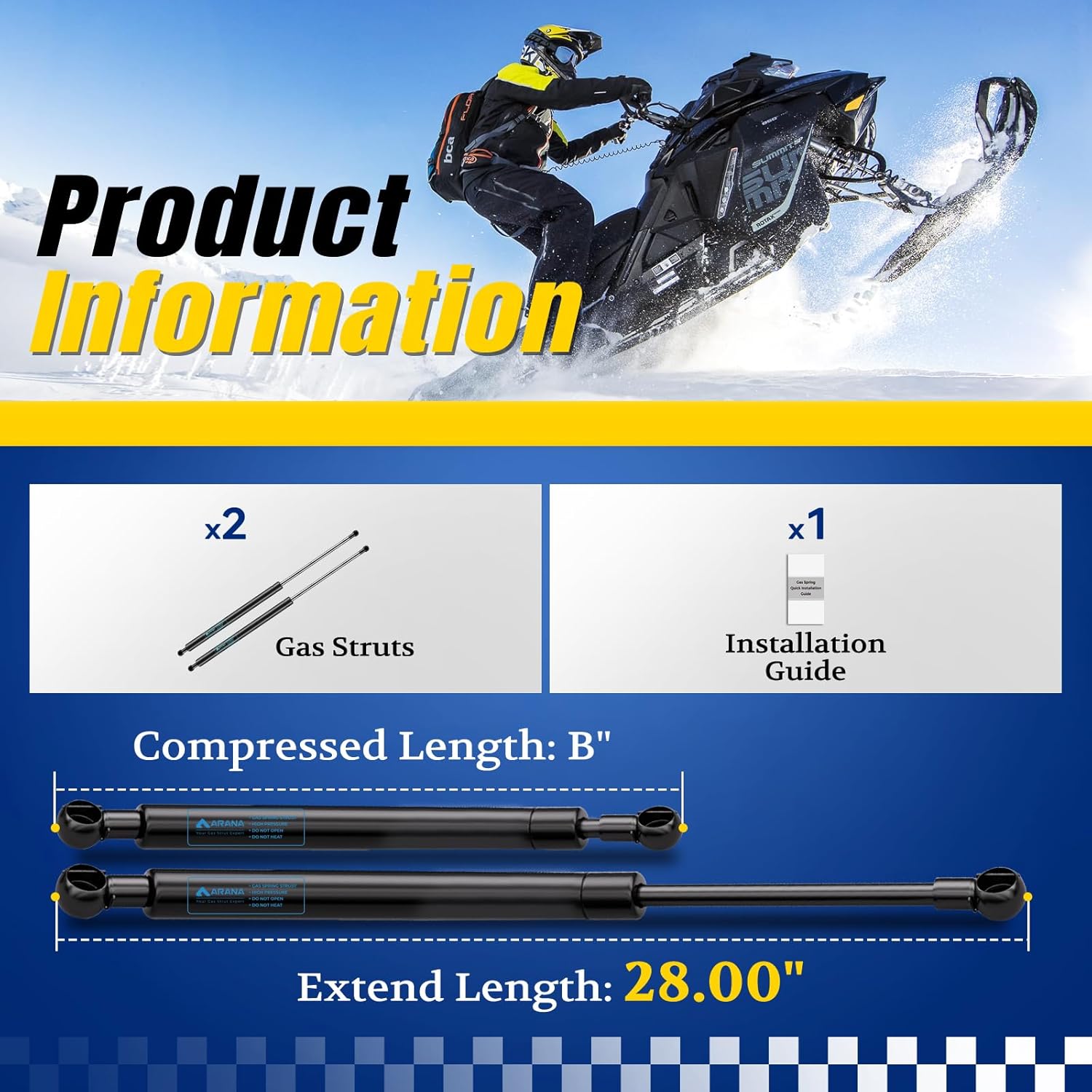 ARANA SF280M400 28 inch 400Lb/1335N Gas Struts Spring Shocks, 28 inch Lift Support for Super Heavy-Duty Sled Trailer Snowmobile Trailer Trailer Cap with 13mm Ball Sockets, Set of 2 (Super Strong)