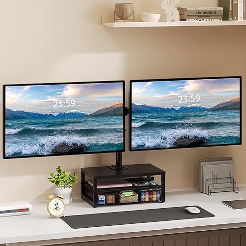 Soporte de monitor dual con organizador de escritorio, soporte de brazo de monitor dual VESA de servicio pesado para pantallas de computadora de 13