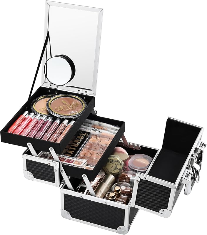 Makeup Box Cosmetic Train Case Portable Makeup Organizer Case with Mirror 2 Tray Make up Storage Case for Nail Teach Craft Sewing Travel Vanity Modern Style Black | Portable Makeup Box Organizer 2 Tray Make up Storage Case for Nail Teach Craft Sewing Travel Vanity Modern Style Black