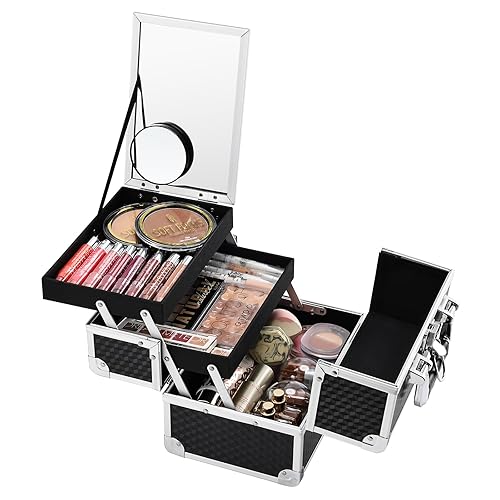 Vista 55 de Joligrace Estuche organizador de maquillaje, caja de maquillaje portátil para cosméticos, estuche de almacenamiento duro con 2 bandejas de bloqueo