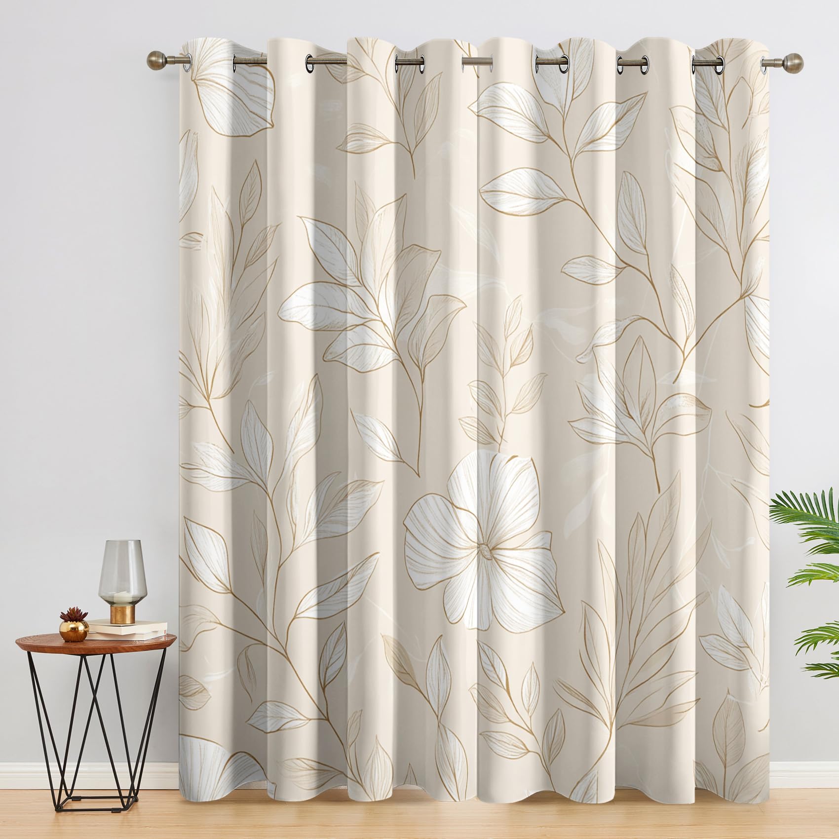 Floral Leaves Curtains 90x90 Inch 2 Panels, 95% Blackout, Flower Botanical Curtains for Bedroom, Living Room, Home Decor, Thermal Insulated Eyelet Window Drapes RCN172