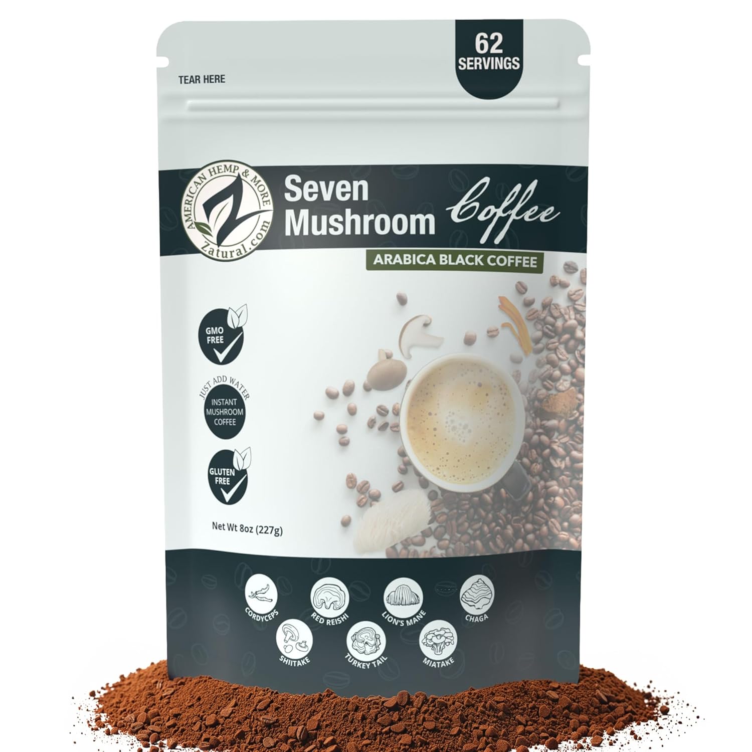 Zatural 7 Mushroom Coffee Instant Black Blend with Lion's Mane, Cordyceps, Chaga, Reishi, Turkey Tail, Shiitake, Maitake - Focus, Energy & Immune Support - Vegan, Paleo & Keto Friendly (8 Ounce)