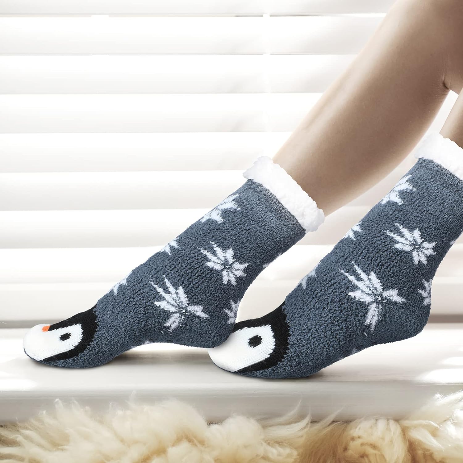 3 Pairs Women Fuzzy Slipper Socks with Grips Winter Warm Soft Fluffy Cozy Sleeping Socks Non Skid Cute Cat Animal for Winter Home House - Image 6