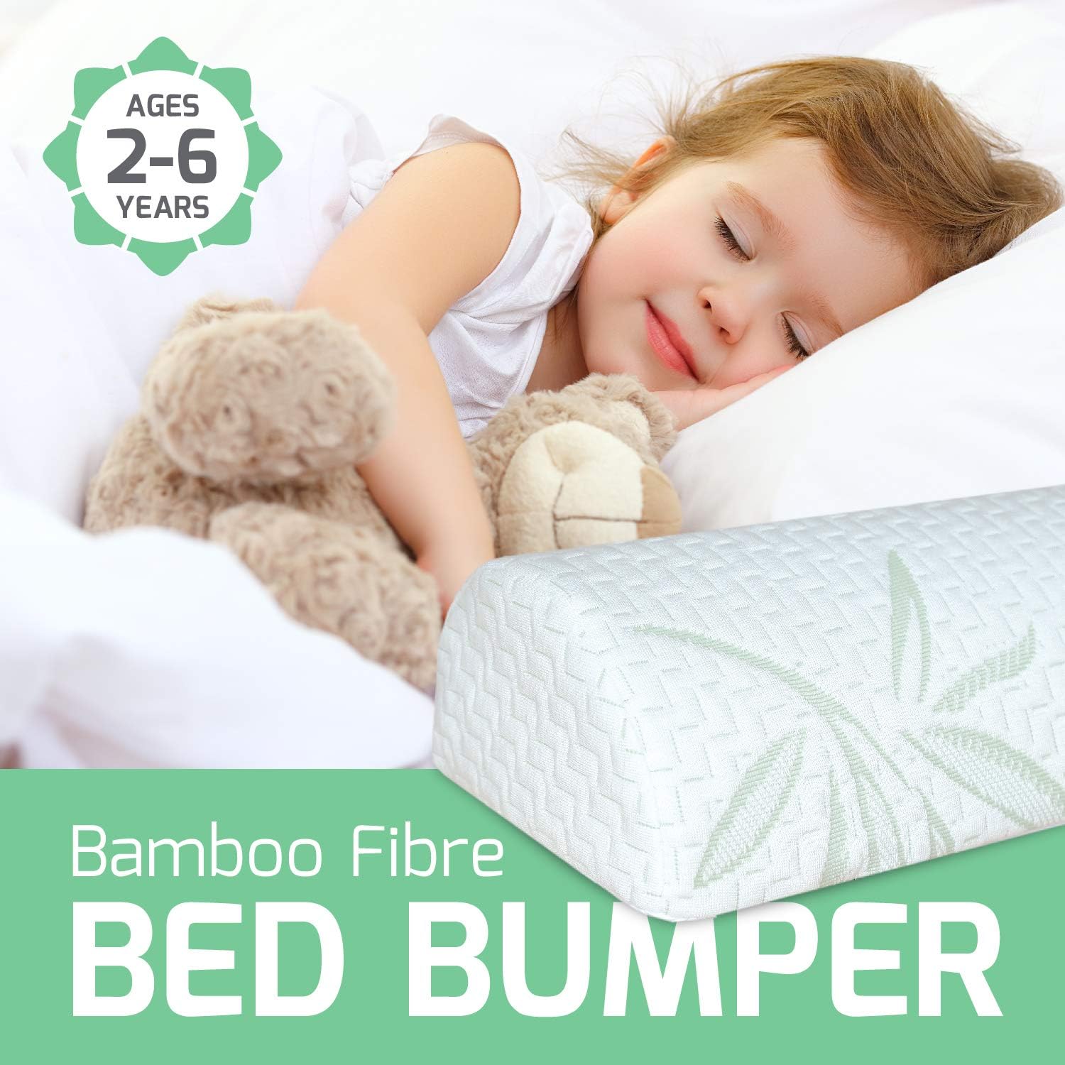 IndieGear [1-Pack] Bamboo Fibre Foam Bed Bumper | Free NIGHTLIGHT | for Toddlers Kids Adults Seniors - Safety Side Bed Guard | Bumpers for Cribs King Queen Full Twin Size Beds| Body Pillow