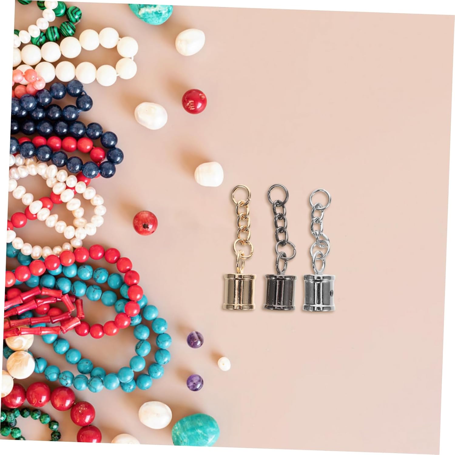 TEHAUX 24Pcs Jewelry Metal Tassel Cord End Caps with Chain for Necklace Tassel Making Lightweight Barrel Knot Caps for Bracelet Zipper Pulls Handbags Polished Closure Ends for Arts Crafts