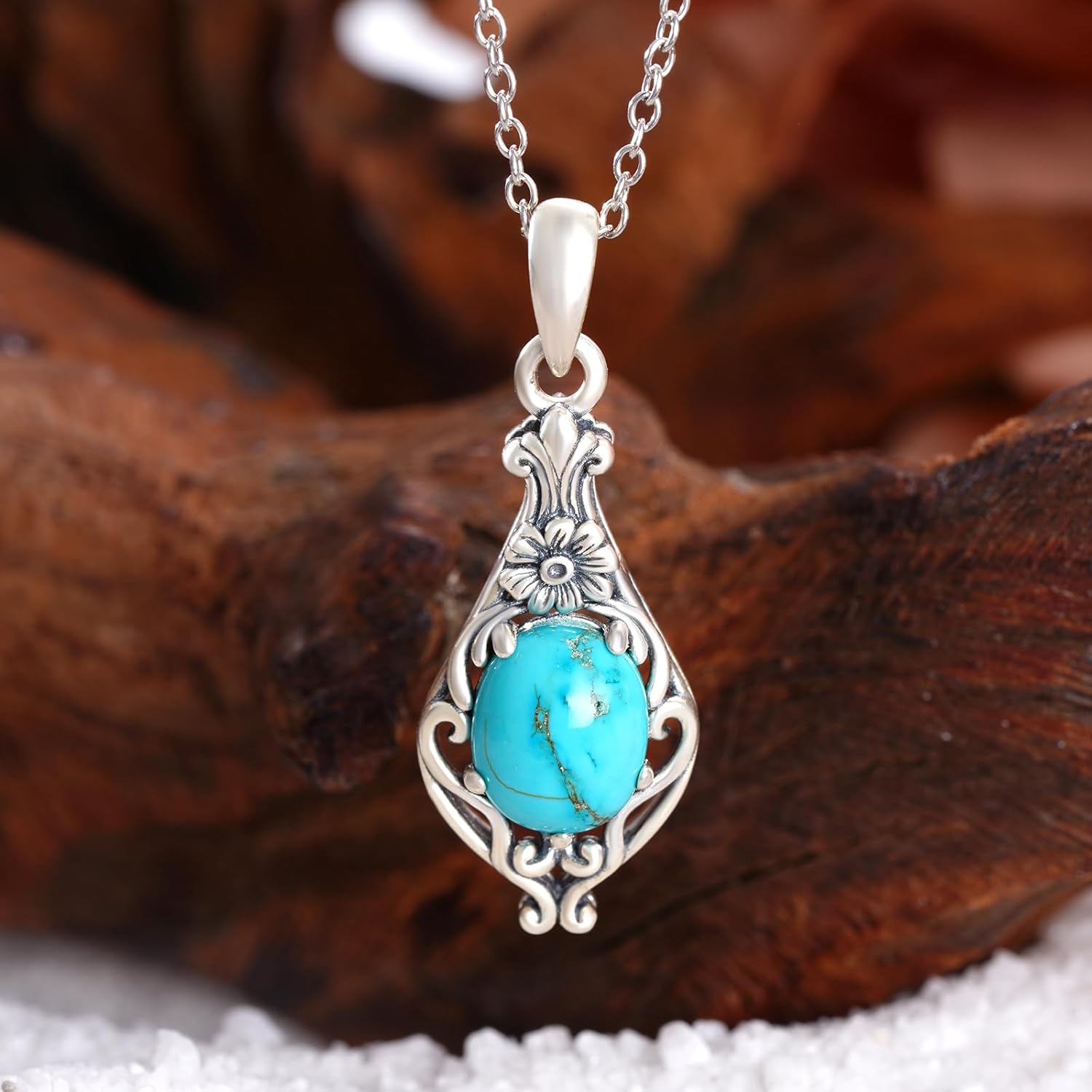 Genuine Turquoise Necklace 925 Sterling Silver Turquoises Flower Filigree Necklace Western Boho Nature Gemstone Real Turquoise Jewelry Gifts for Women