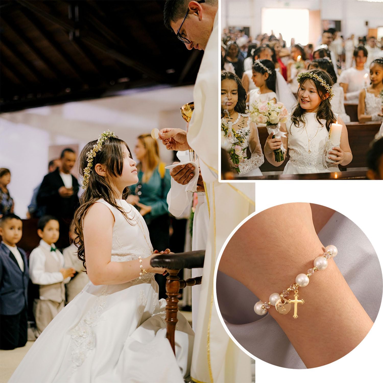 Initial A-Z Letter First Communion Gifts for Girls,Rosary Pearl Cross Bracelet for Christian Catholic Goddaughter - Image 6