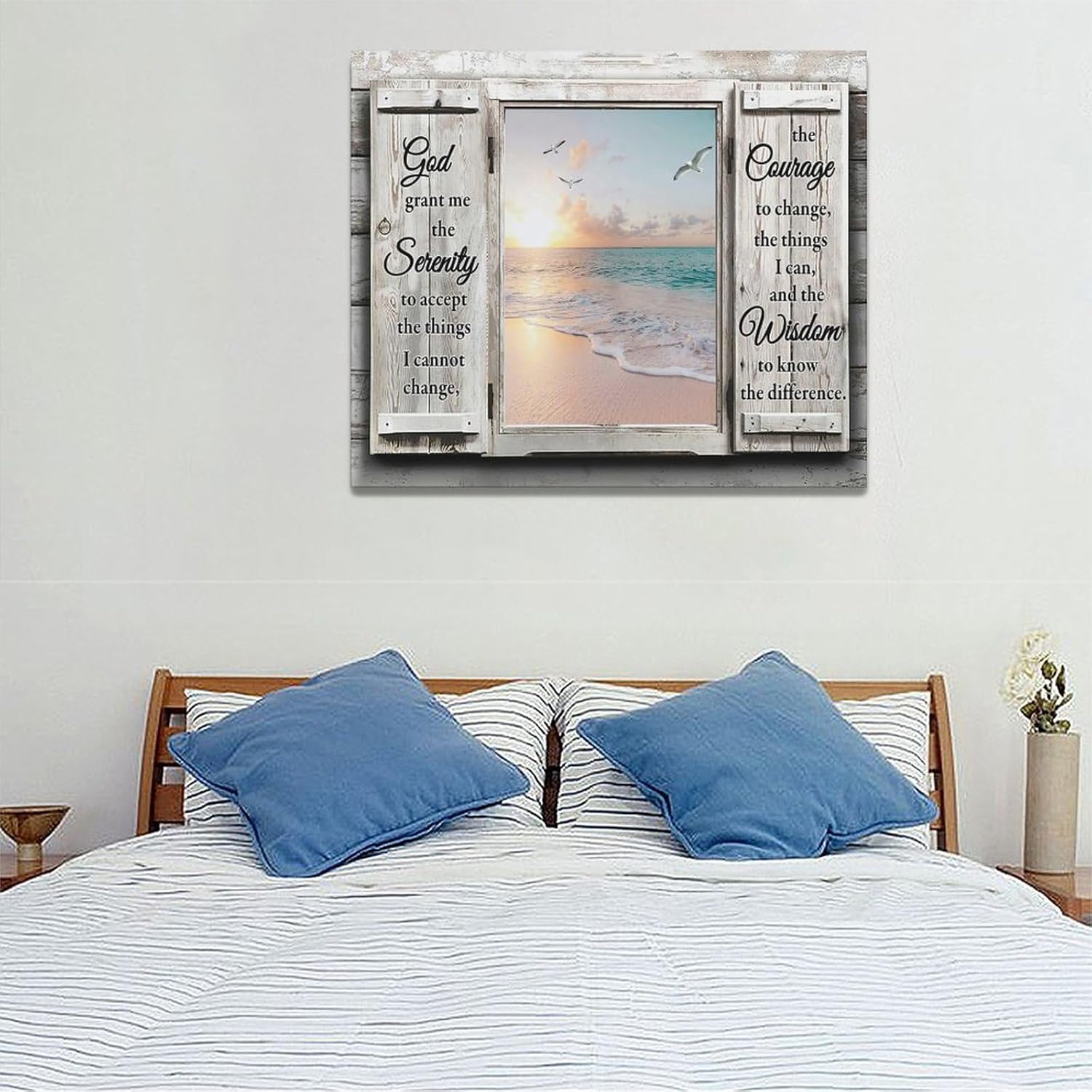 Beach Serenity Prayer Wall Art Coastal Country Farmhouse Canvas Prints Window Sunset Ocean Pictures Painting Framed Scripture Christian Artwork Gifts Home Decor for Bathroom Kitchen Bedroom Dining