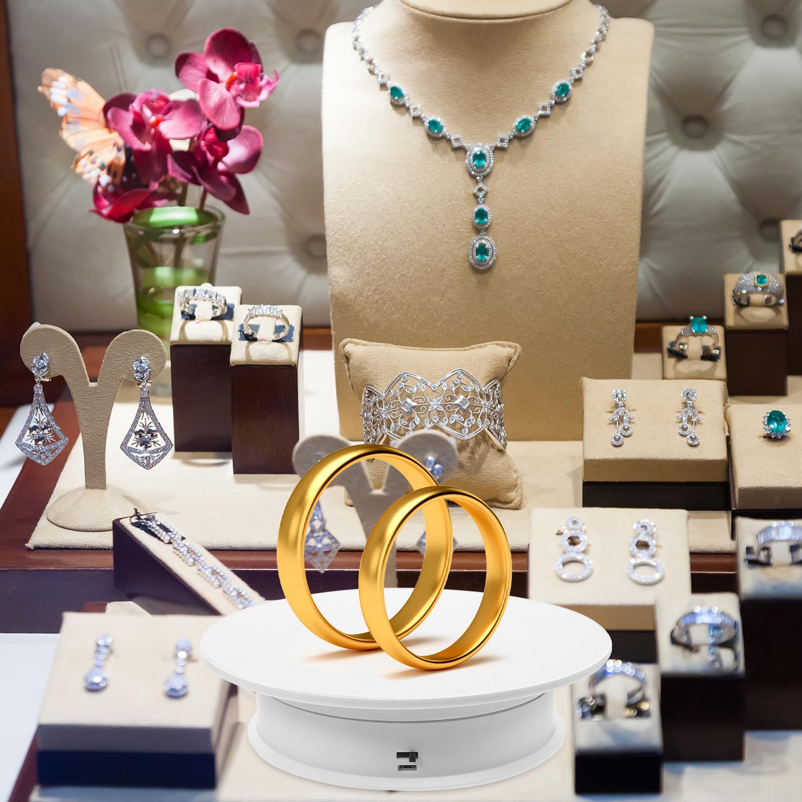 Artibetter Expositor Giratorio Eléctrico de Sobremesa y Material Abs Plato Redondo Carga USB para Exhibición de Joyas y Productos Digitales en Interiores