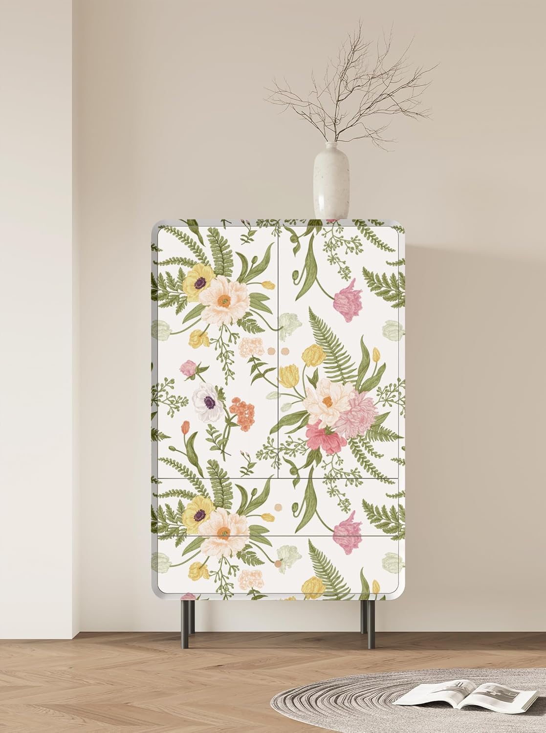 Blooming Wall DPYC53 Hand Draw Elegant Pastel Flowers and Leaf Peel and Stick Wallpaper Self-Adhesive Prepasted Wallpaper Wall Décor