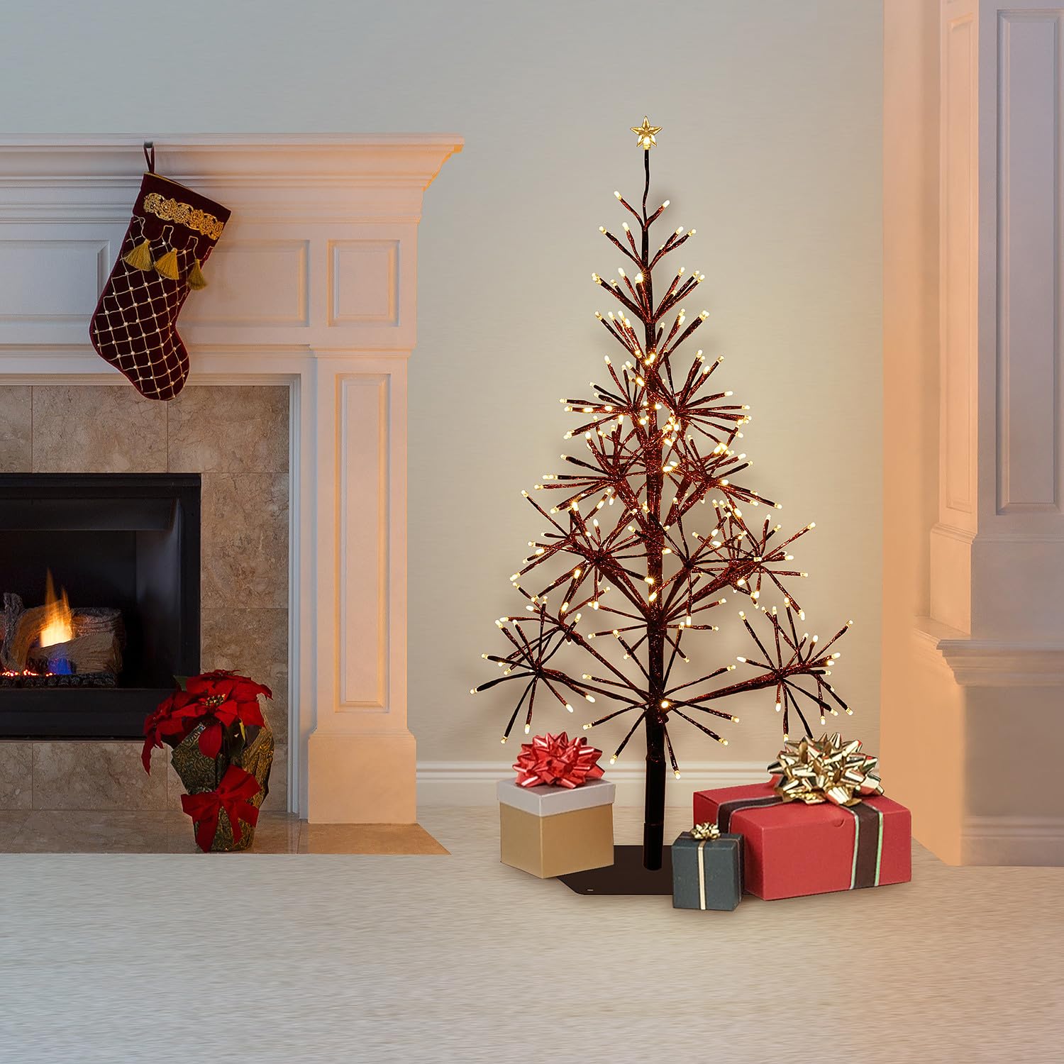 Alpine Corporation53" H Indoor/Outdoor Artificial Christmas Tree with LED Lights, Red, Christmas Decoration